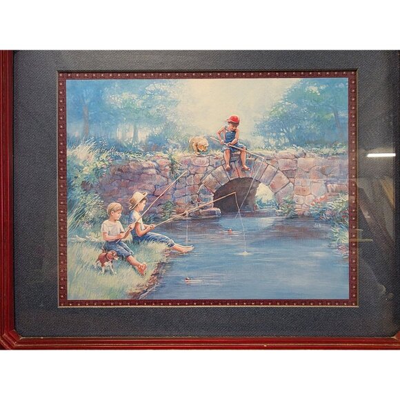 Vintage Framed Fishing Boys & Dog Artwork Picture - Picture 7 of 10